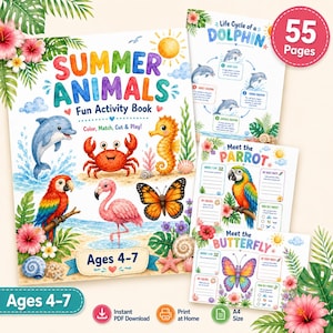 Può includere: Un libro di attività Summer Animals per bambini dai 4 ai 7 anni con illustrazioni di delfino, granchio, cavalluccio marino, pappagallo, fenicottero e farfalla. La copertina presenta fiori tropicali e conchiglie, con pagine interne aggiuntive.
