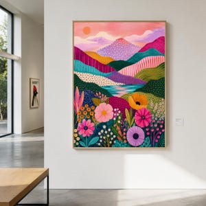 Patchwork Hügel Landschaft Wandkunst, Folk Art Blumen Print, Magenta Petrol Berge Poster, Eklektische Wohnzimmer Deko