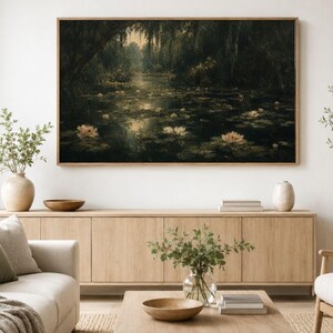 Seerosenteich Weiden Frame TV Art, Dunkles Monet Stil Gemälde, Vintage Wassergarten Print, Romantische Wohnzimmer TV Deko
