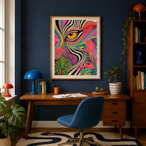Psychedelische Tiger Wandkunst, Neon Dschungel Pop Art Druck, Kühnes Tier Poster, Eklektische Studio Deko