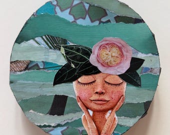 Mini Botanical Collage - Mint & Peach  Decor - Round Canvas - 4x4