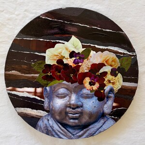 Buddha Flower Crown Collage  - Original & Handmade - Dark Boho Art - Round Canvas - 10x10
