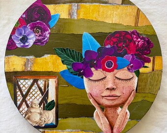 Colorful Floral Collage - Botanical Mixed Media Artwork - Round Wall Decor - 10x10