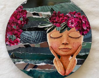 Hydrangea Portrait Collage – Teal Boho Decor – Round Canvas – 8x8