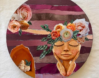 Floral Portrait Collage - Earthy Boho Art - Round Wall Decor - 10x10