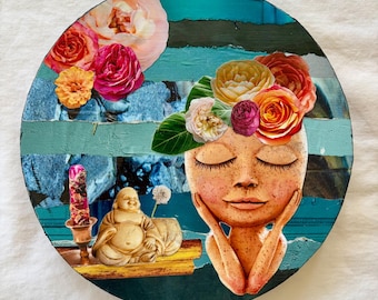 Teal Floral Collage – Feminine Boho Wall Decor – Round Mixed Media Artwork – 8x8