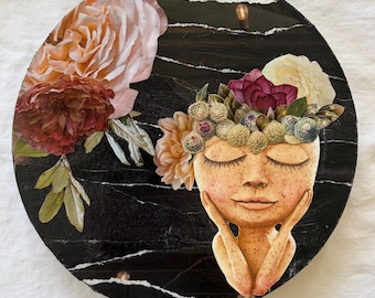 Moody Botanical Collage - Dark Boho Mixed Media - Round Canvas - 8x8