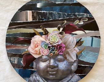 Succulent Buddha Collage – Moody Boho Art  – Round Canvas – 12x12