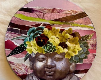 Buddha Meditation Collage – Botanical Wall Decor – Round Canvas – 8x8