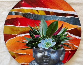Vibrant Buddha Collage -  Succulent Wall Decor - Tropical Botanical Art - Round Canvas - 12x12