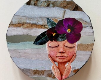 Mini Pansy Portrait Collage – Botanical Mixed Media Art – Round Canvas – 4x4