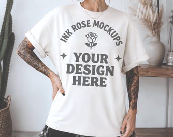 White Comfort Colors 1717 Mockup | Tattooed Woman T Shirt Mockup | CC1717 Lifestyle Mockup | Oversized Tee Mockup | Flannel Waist Mockup | E