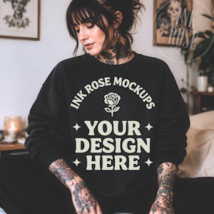 Black Gildan 18000 Sweatshirt Mockup | Tattooed Woman Crewneck Mockup | Black Sweatshirt Mockup | Lifestyle Mockup | Cozy Mockup