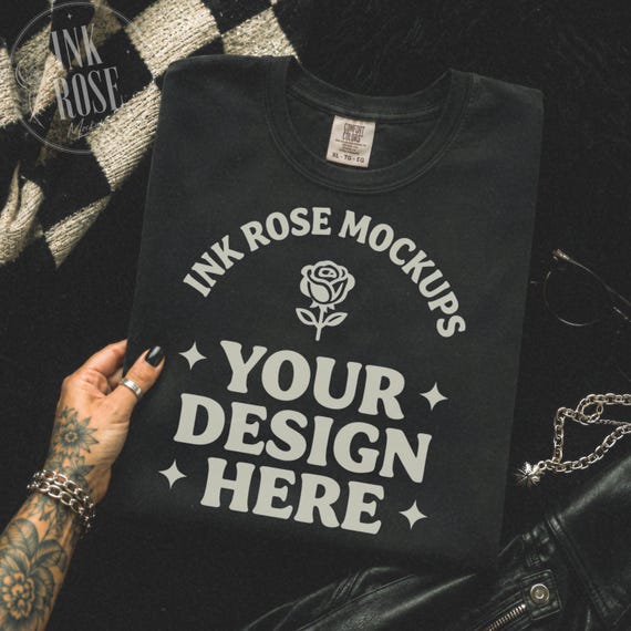 Black Comfort Colors 1717 Flat Lay Props Mockup Edgy T Shirt Mockup Tattooed Hand Mockup Folded Tee Mockup