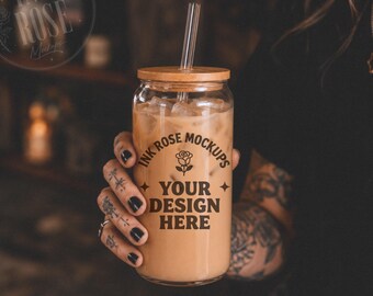 16 oz Glass Can Mockup, Iced Coffee Cup Mockup, Bamboo Lid Tumbler Mockup, Tattooed Hand Lifestyle Mockup, POD Drinkware Mockup