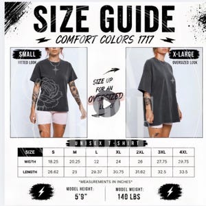 May include: A size guide for a Comfort Colors 1717 unisex t-shirt featuring two images of a model wearing a charcoal grey shirt in size small for a fitted look and size extra-large for an oversized look, with a sizing chart in inches.