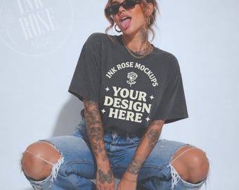 Comfort Colors Pepper Mockup, Tattooed Woman T-Shirt Mockup, Edgy Sitting Tee Mockup, Oversized Shirt Mockup, POD Mockup JPG