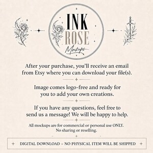 Op de afbeelding: Een digitale download-infographic met de tekst INK ROSE Mockups, een illustratie van een roos en maansikkel, en een zwaardpictogram. De tekst legt het downloadproces, de gebruiksrechten en het ontbreken van fysieke verzending uit.