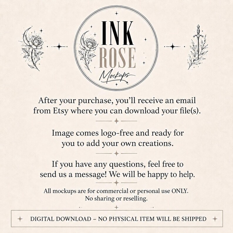 Op de afbeelding: Een digitale download-infographic met de tekst INK ROSE Mockups, een illustratie van een roos en maansikkel, en een zwaardpictogram. De tekst legt het downloadproces, de gebruiksrechten en het ontbreken van fysieke verzending uit.