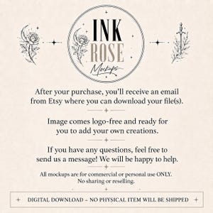 K&ouml;nnte beinhalten: Eine digitale Download-Infografik mit dem Text INK ROSE Mockups, einer Rosen- und Mondsichel-Illustration sowie einem Schwert-Symbol. Der Text erl&auml;utert den Download-Prozess, die Nutzungsrechte und den Hinweis auf den digitalen Versand.