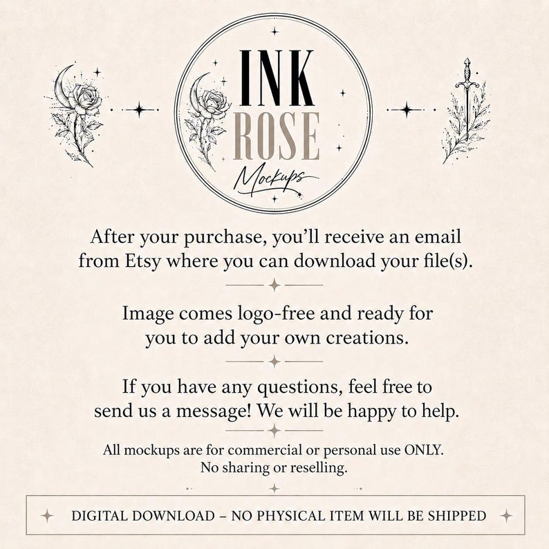 K&ouml;nnte beinhalten: Eine digitale Download-Infografik mit dem Text INK ROSE Mockups, einer Rosen- und Mondsichel-Illustration sowie einem Schwert-Symbol. Der Text erl&auml;utert den Download-Prozess, die Nutzungsrechte und den Hinweis auf den digitalen Versand.