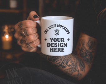 11oz White Ceramic Mug Mockup Tattooed Woman Holding Coffee Cup Dark Moody Lifestyle Mug Mockup JPG Product Display