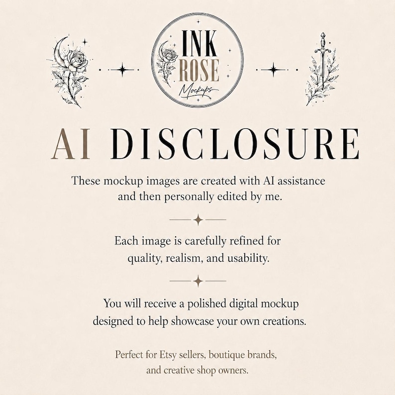 Op de afbeelding: Een beige informatieve afbeelding met de titel AI DISCLOSURE en zwarte tekst. Het bevat een cirkelvormig logo voor INK ROSE Mockups, een roosillustratie en een zwaardillustratie. De tekst legt uit dat de digitale mockup-afbeeldingen zijn gemaakt met AI-ondersteuning en persoonlijk zijn bewerkt voor kwaliteit, realisme en bruikbaarheid voor winkeleigenaren.