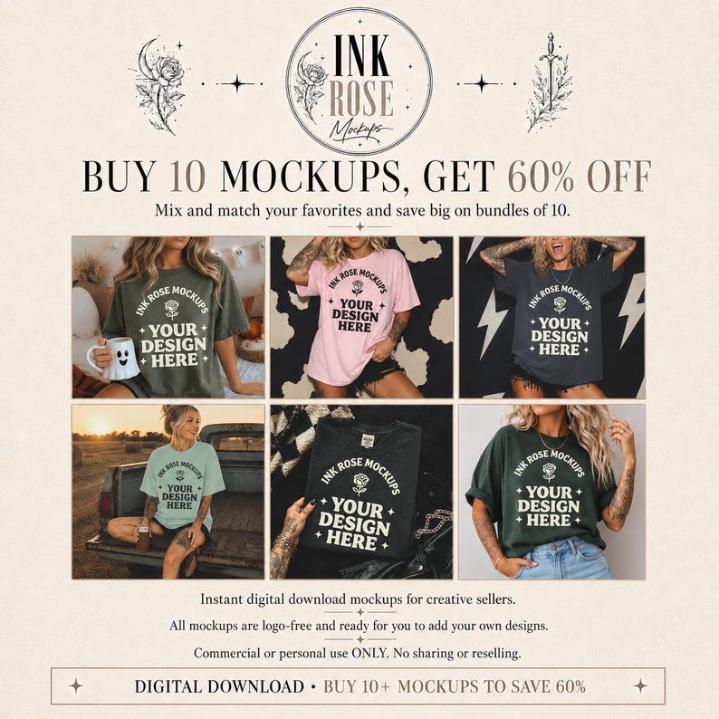 K&ouml;nnte beinhalten: Eine digitale Sammlung von sechs T-Shirt-Mockups in verschiedenen Farben wie Olivgr&uuml;n, Hellrosa, Anthrazit und Mint. Jedes T-Shirt zeigt den Text INK ROSE MOCKUPS und YOUR DESIGN HERE mit einer Rosengrafik und Sternen.
