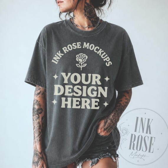Tattooed Pepper Comfort Colors 1717 Mockup, Dark Gray Washed Tee Mockup, Edgy T Shirt Mockup, Alternative Model Mockup, Etsy Shirt Mockup