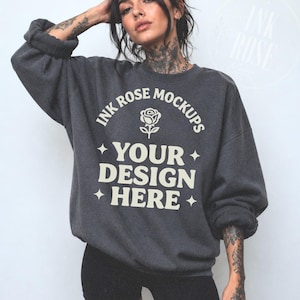 Gildan 18000 Dark Heather Sweatshirt Mockup, Tattooed Woman Crewneck Mockup, Edgy Blank Sweatshirt, Lifestyle POD Mockup JPG