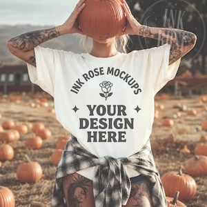 White Comfort Colors 1717 Pumpkin Patch Mockup Fall T Shirt Mockup Tattooed Model Halloween Mockup