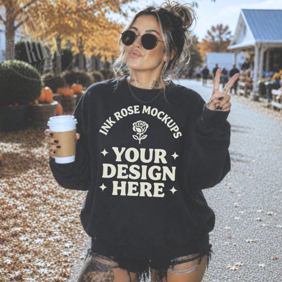Gildan 18000 Black Sweatshirt Mockup, Fall Coffee Mockup, Pumpkin Patch Crewneck Mockup, Tattooed Woman POD Mockup JPG