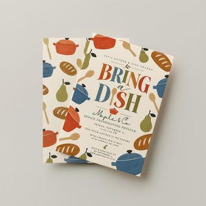 May include: Two rectangular invitation cards featuring a cream background with a repeating pattern of orange pots, blue pots, wooden spoons, pears, and bread loaves. The text reads BRING A DISH, Maple & Co., OFFICE THANKSGIVING POTLUCK, and details.