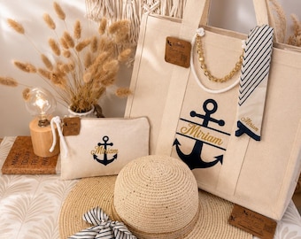 Personalized Nautical Canvas Tote Bag, Custom Anchor Tote, Beach Bag for women, Monogram tote, Coastal gift, Navy Striped Scarf