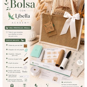 May include: A jute tote bag kit featuring a brown jute bag with white trim and a white satin bow, a mint green scraper, a metal weeding tool, two rolls of brown teflon paper, a lint roller, a white ribbon roll, a ruler, and printed instruction sheets.