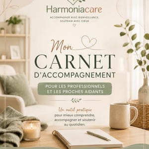 Puede incluir: Un cuaderno beige titulado Mon Carnet d'Accompagnement de Harmoniacare, con un logotipo de corazón, texto sobre apoyo profesional y familiar, un bolígrafo, una vela encendida y cinco iconos: Comprendre, Organiser, Accompagner, Soutenir, Valoriser.