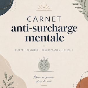 Peut inclure: Un carnet avec le texte "CARNET anti-surcharge mentale" en bleu marine, avec les mots "CLARTE, ÉQUILIBRE, CONCENTRATION, ÉNERGIE" en dessous. Le carnet a un fond beige avec des formes abstraites et des illustrations botaniques.