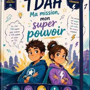 May include: A colorful notebook titled "Mon Carnet TDAH" with illustrations of two children in superhero costumes. The cover features text in French, including "Ma mission, mon super pouvoir" and "9-11 ANS". The notebook is designed for children.