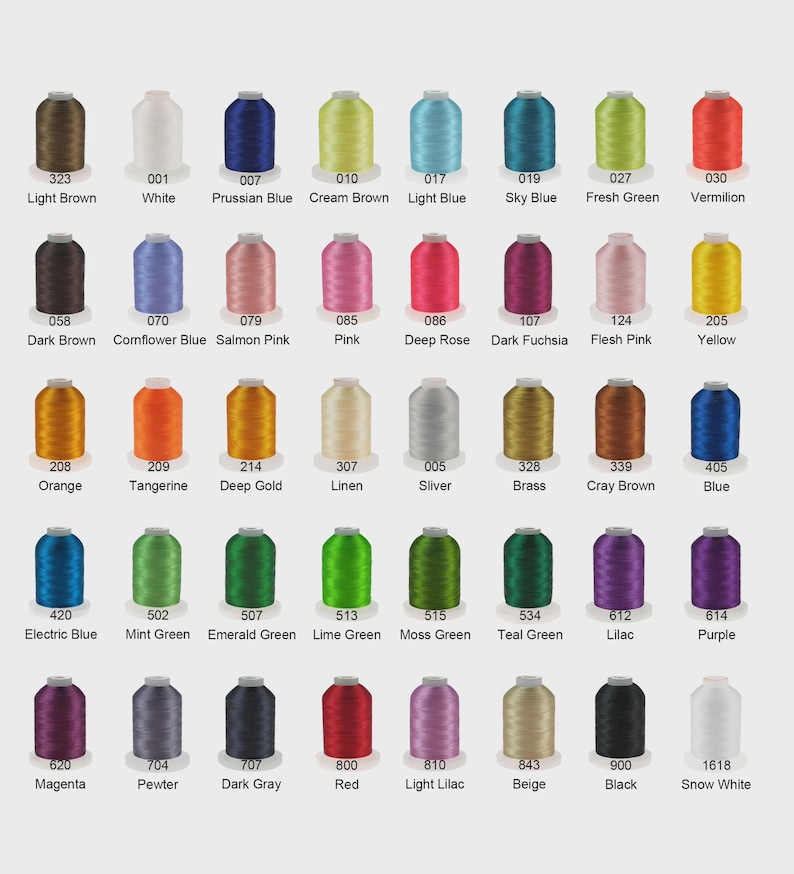 May include: A color chart featuring forty spools of embroidery thread arranged in five rows of eight. Each spool is labeled with a unique numerical code and a corresponding color name, including shades like Light Brown, White, and Snow White.
