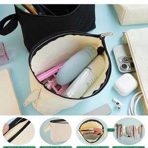 May include: A cream-colored canvas pouch with a black zipper and a side handle, shown open and filled with various personal items. The image includes four circular insets labeled Durable Stitches, Standable Bottom, Large Capacity, and Displayed Size S.