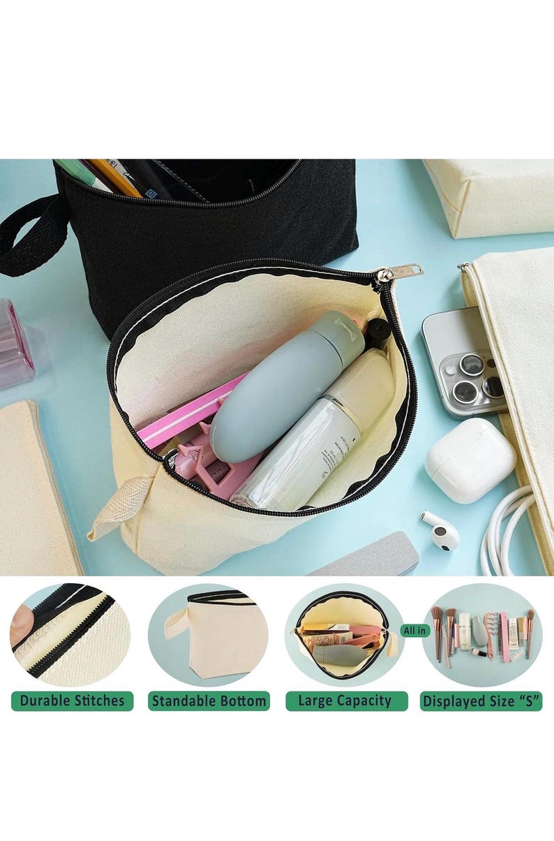 May include: A cream-colored canvas pouch with a black zipper and a side handle, shown open and filled with various personal items. The image includes four circular insets labeled Durable Stitches, Standable Bottom, Large Capacity, and Displayed Size S.