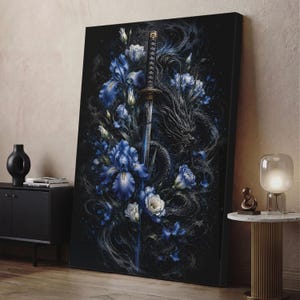 May include: A rectangular wall art print featuring a vertical katana sword centered among deep blue iris flowers and a dark, swirling dragon silhouette. The composition is set against a black background, highlighting the contrast between the metallic blade, the vibrant blue petals, and the intricate, shadowy dragon form.