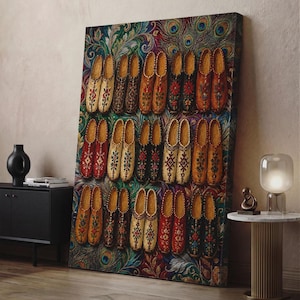Folklore Clog Canvas Print, Traditional Embroidery Art, Bohemian Peacock Wall Decor, Colorful Folk Art, Decorative Shoe Pattern Wall Print