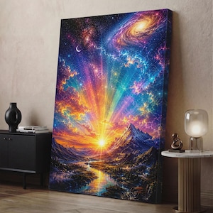 Op de afbeelding: Een verticale canvas print met een levendige zonsopgang boven een bergketen en een rivier. De lucht bevat een wervelend sterrenstelsel, een maansikkel en kleurrijke wolken in tinten paars, blauw, oranje en geel met stralende lichtbundels.