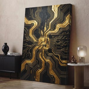 May include: A rectangular wall art piece featuring a black background with a raised, metallic gold circuit board pattern. The design centers on a square processor shape with intricate, branching lines extending outward across the entire surface.