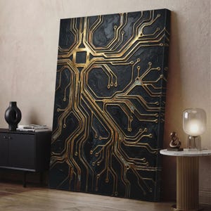 May include: A rectangular wall art piece featuring a black textured background with raised, metallic gold circuit board patterns. The design includes intricate lines, nodes, and a central square element, mimicking the appearance of electronic hardware.