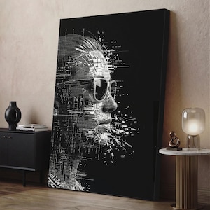 Cyberpunk Glitch Canvas Print, Binary Code Wall Art, Futuristic Sci Fi Hacker Man, Dark Tech Gamer Room Decor, Modern Black And White Art