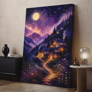 Fantasy Village Canvas Print, Purple Night Sky Wall Art, Magical Mountain Landscape Decor, Whimsical Cottagecore Art, Starry Moon Wall Decor