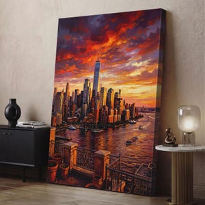 May include: A vertical canvas print depicting a New York City skyline at sunset. The scene features One World Trade Center rising above skyscrapers, a river with boats, and a foreground balcony with terracotta pots under a vibrant orange sky.