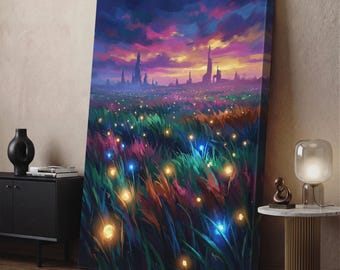 Toile imprimée paysage fantastique, décoration murale prairie illuminée par des lucioles, coucher de soleil coloré sur une ville de science-fiction, œuvre d'art magique pour le salon avec ciel nocturne.